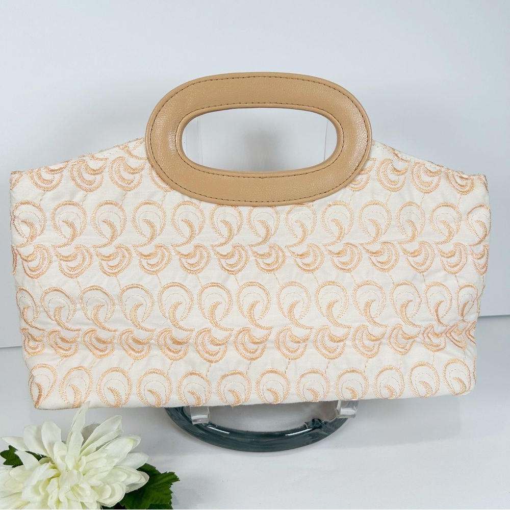 Victoria’s Secret White Fabric Handbag Peach Embroidery Oval Handles